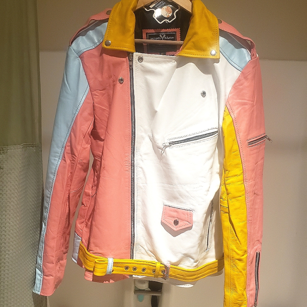 Rainbow pastel color block leather moto jacket. - Picture 13 of 13